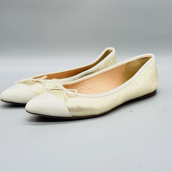 J Crew Shoes Women 7 Gold Leather Ballet Flat Pointed Cap Toe Bow Slip On Casual - Picture 2 of 9
